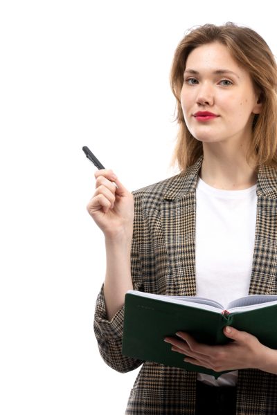 front-view-young-beautiful-lady-white-t-shirt-black-jeans-coat-holding-green-book-white